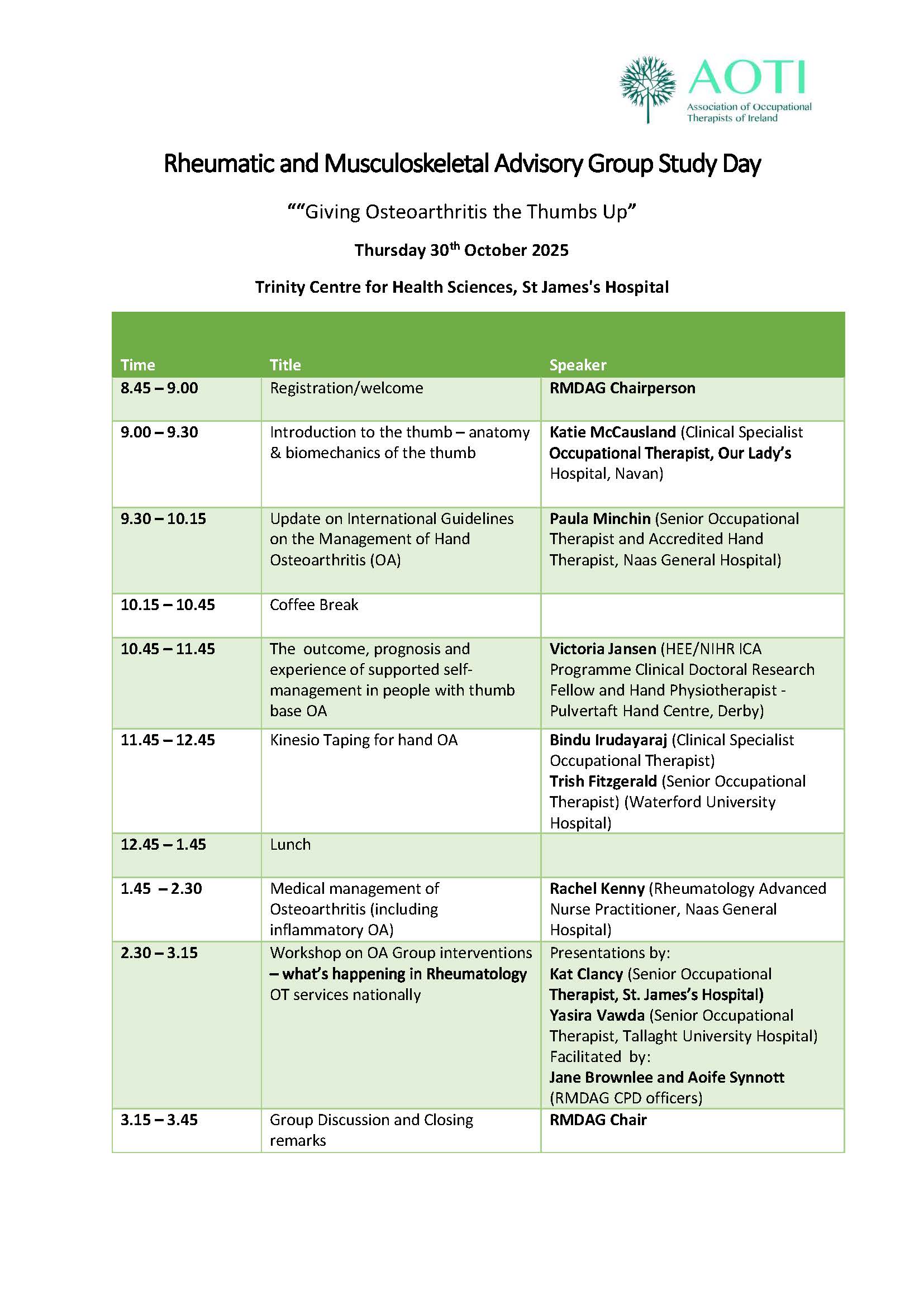 AOTI Rheumatic and Musculoskeletal Disorders Advisory Group - Autumn Study Day 2025 image
